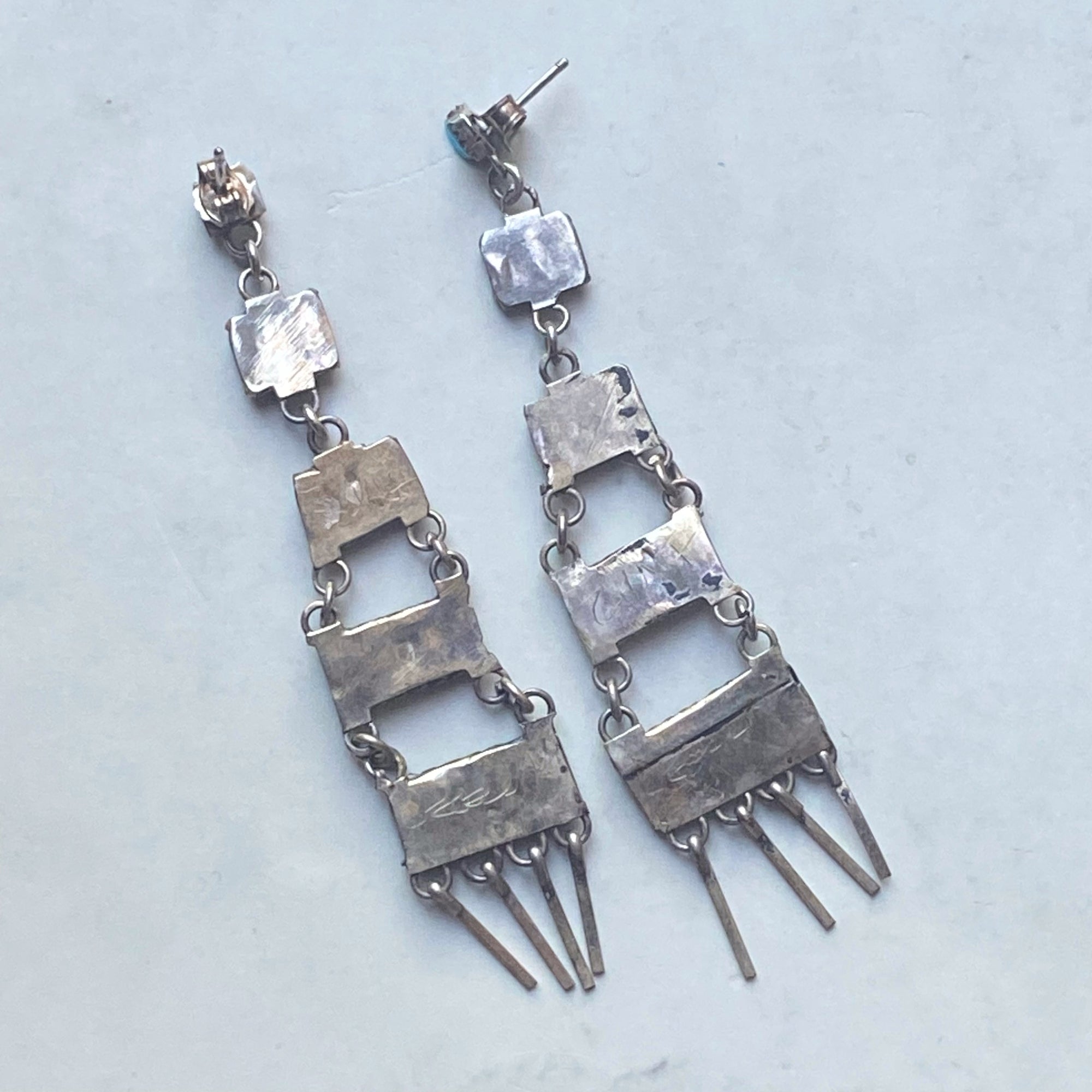 Vintage Zuni Turquoise "Petit Point" Chandelier Earrings - Silver