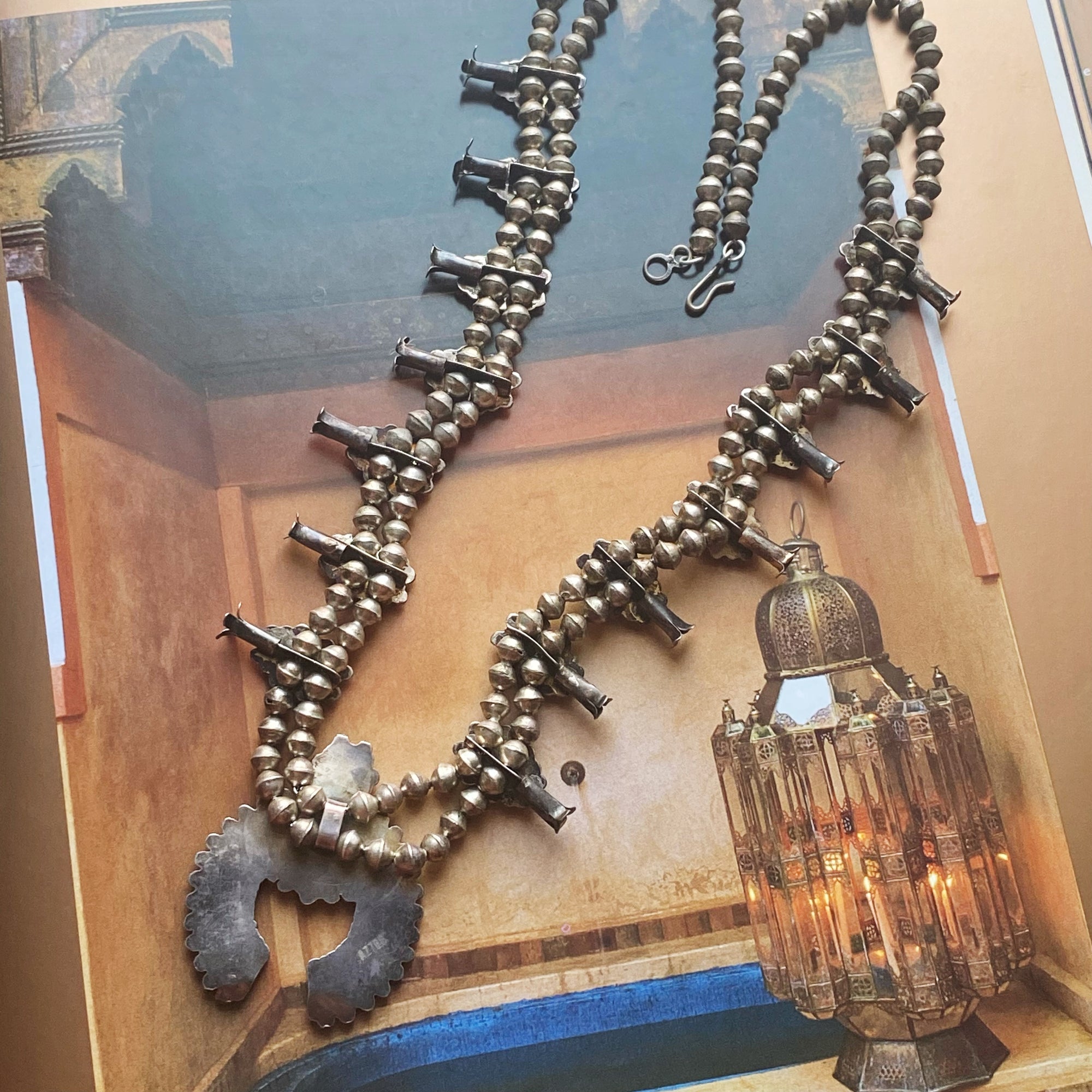Vintage Petit Point Turquoise Zuni Squash Blossom Necklace - Silver