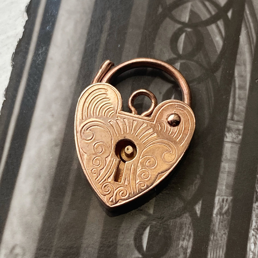 Antique Engraved Opening Heart Padlock 9ct 9K Gold Charm 