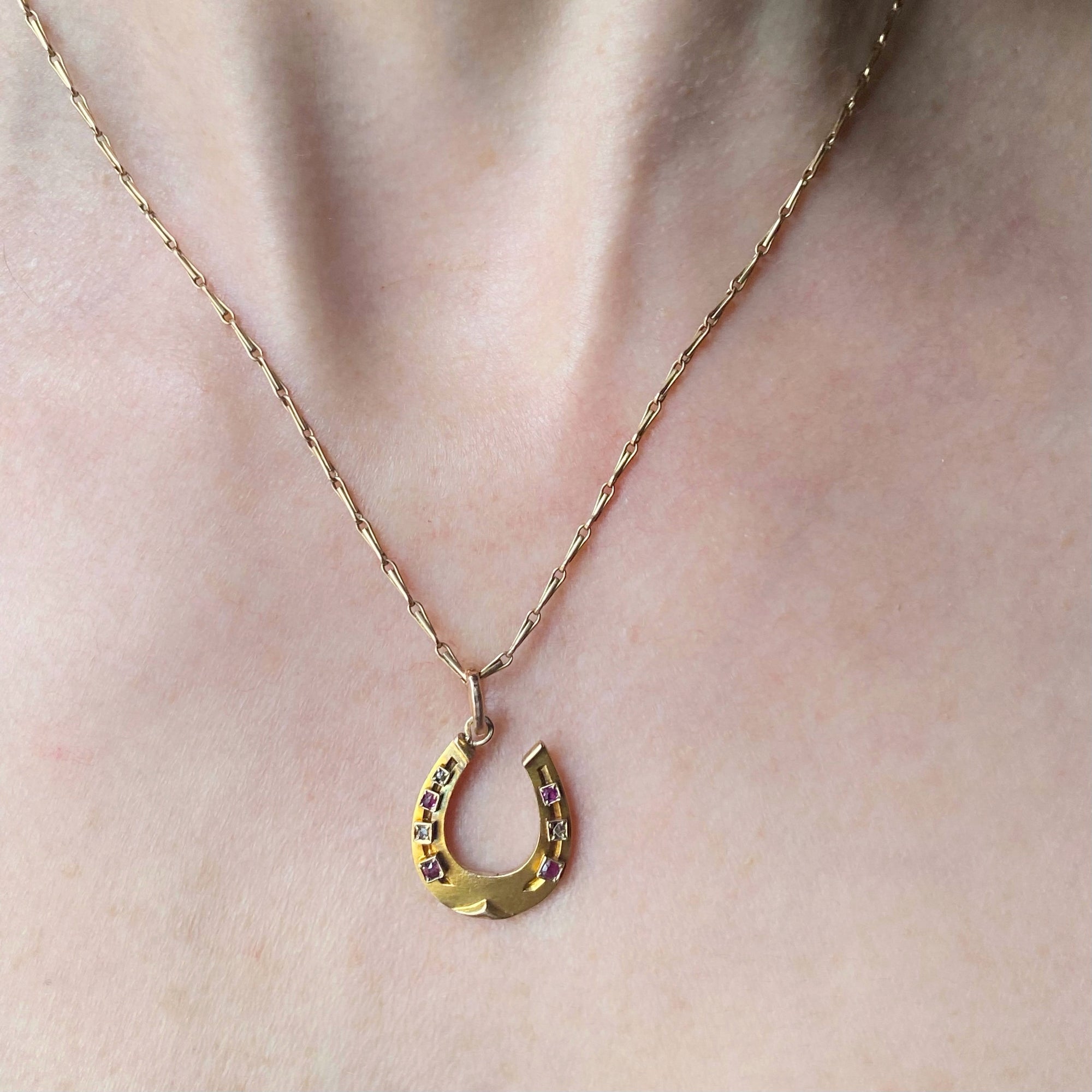 Antique Diamond & Ruby Horseshoe Pendant - 14k