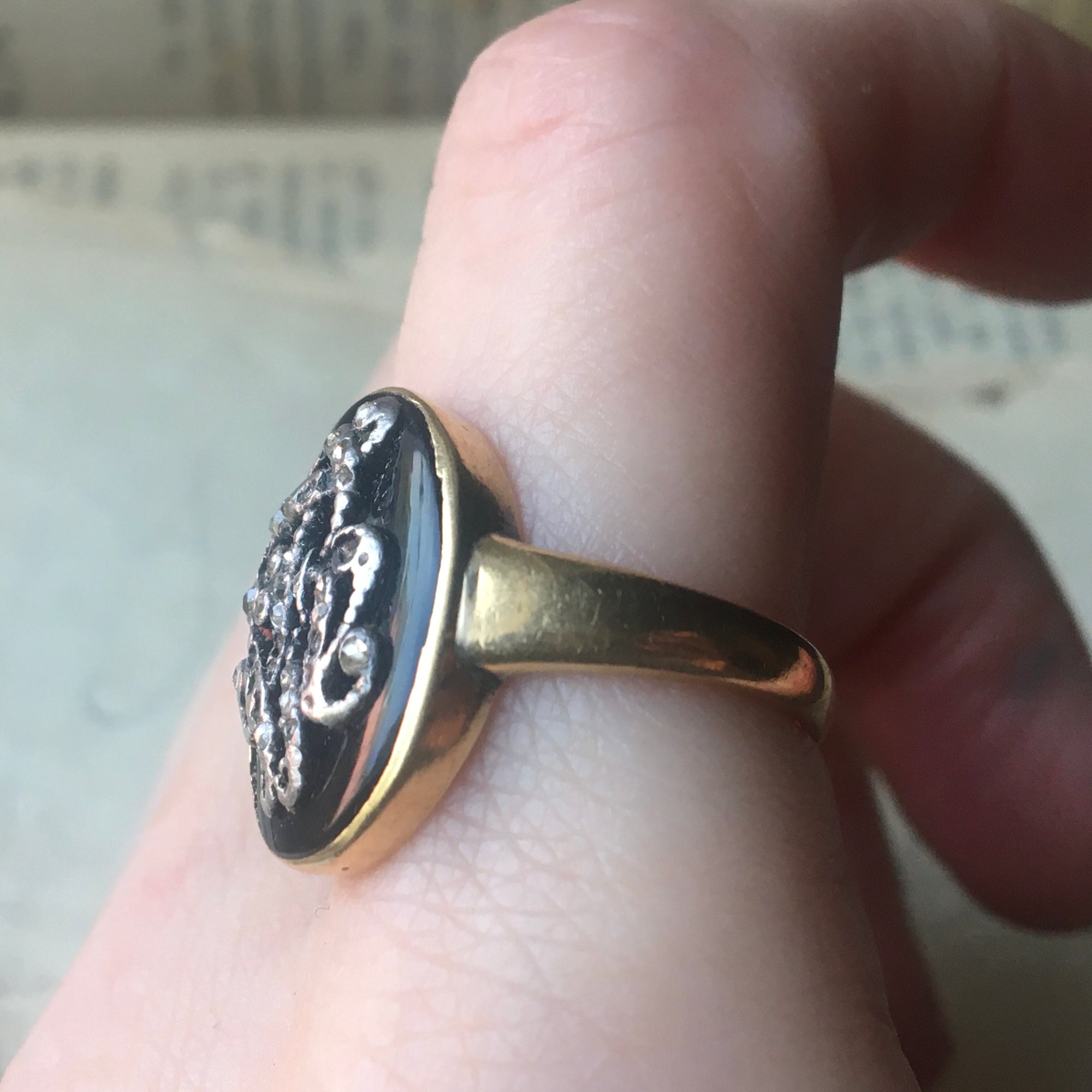 Antique Onyx Cipher Ring - Size 8