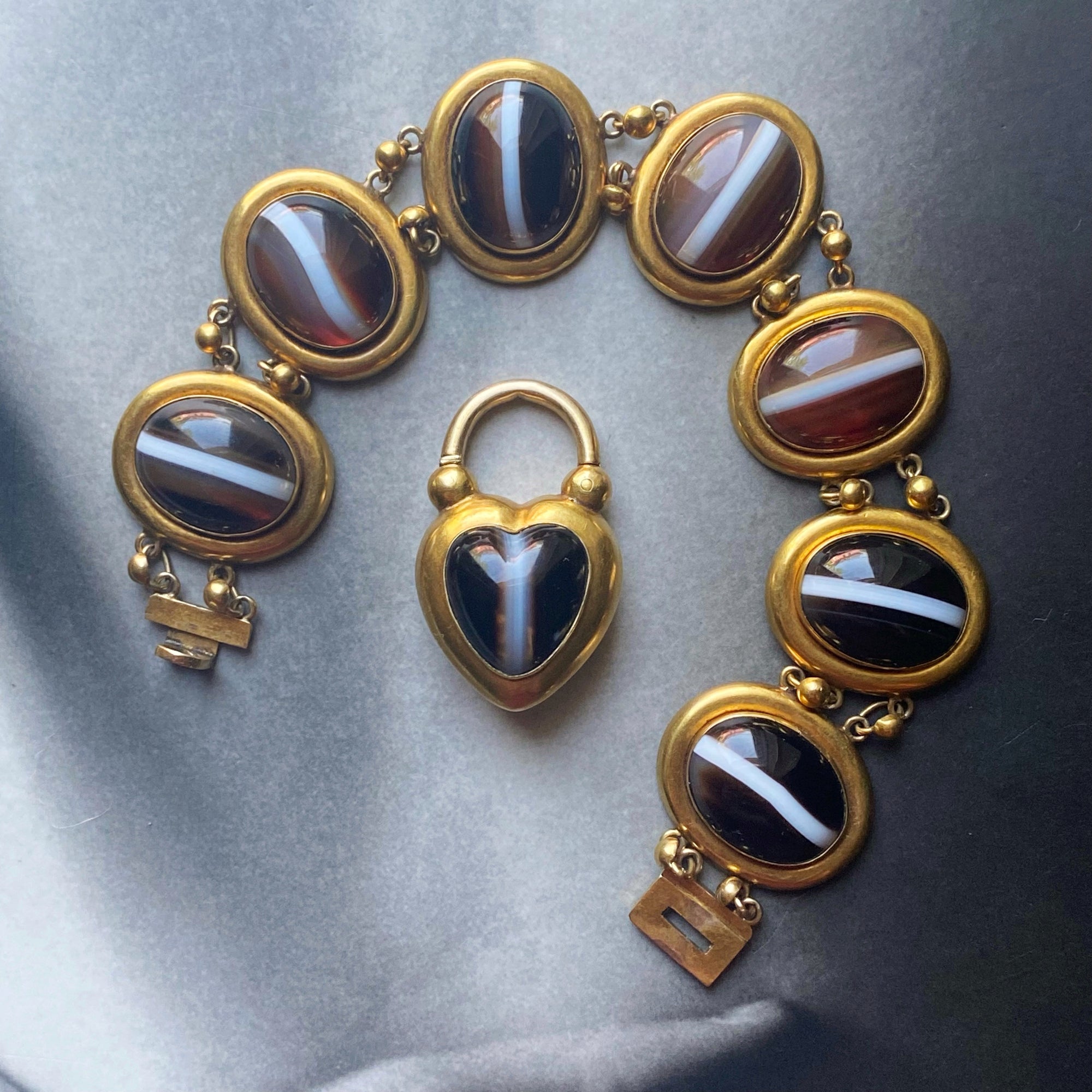 Victorian banded agate heart padlock bracelet