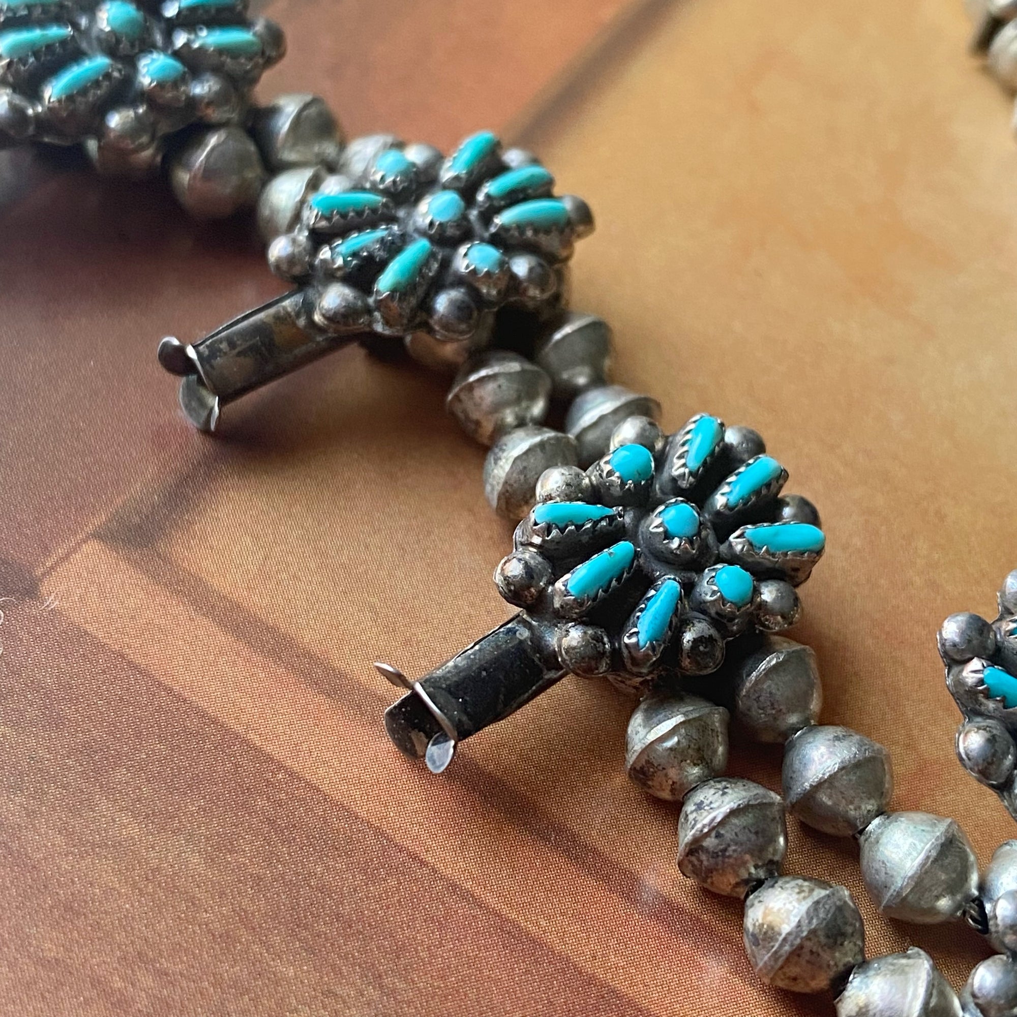 Vintage Petit Point Turquoise Zuni Squash Blossom Necklace - Silver