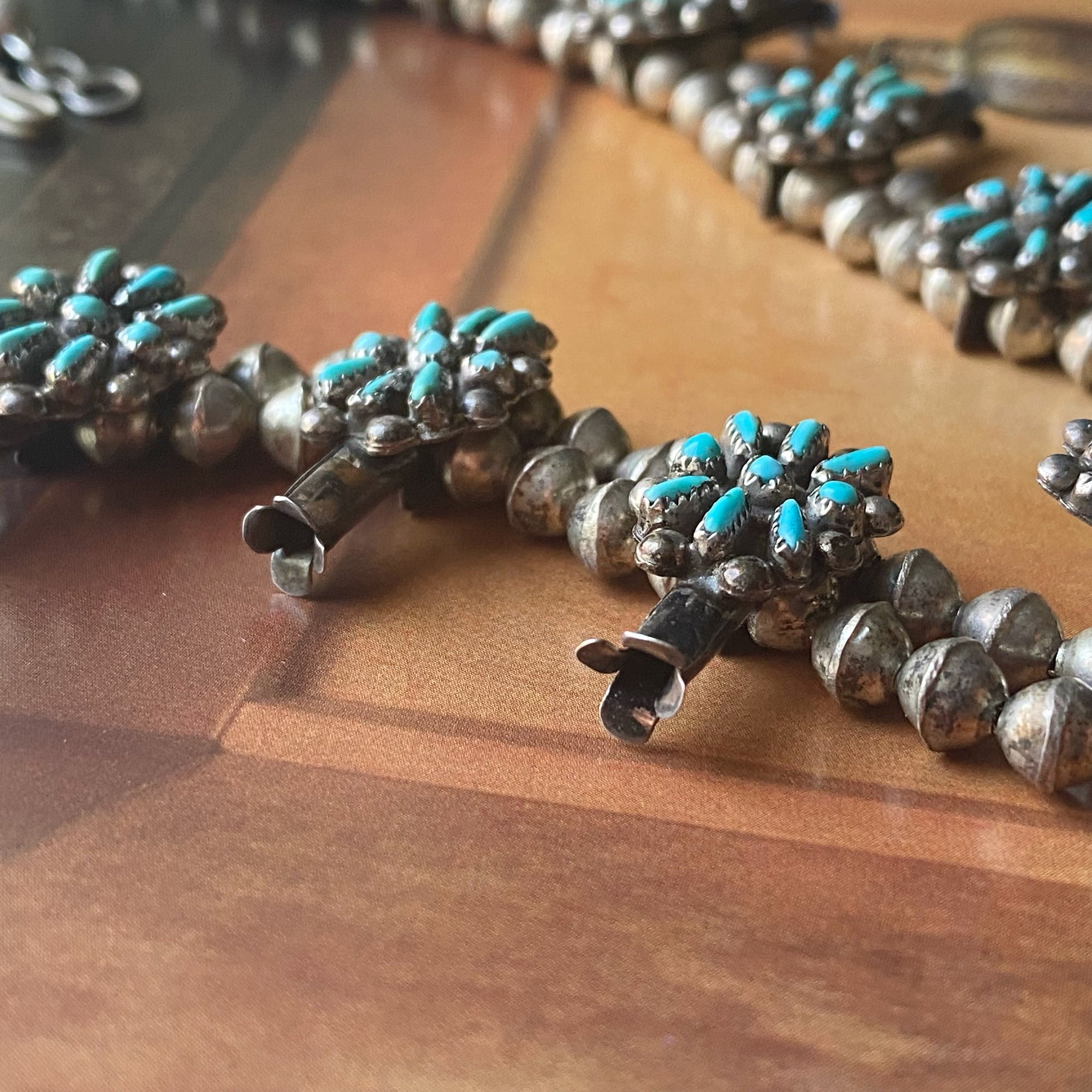 Vintage Petit Point Turquoise Zuni Squash Blossom Necklace - Silver