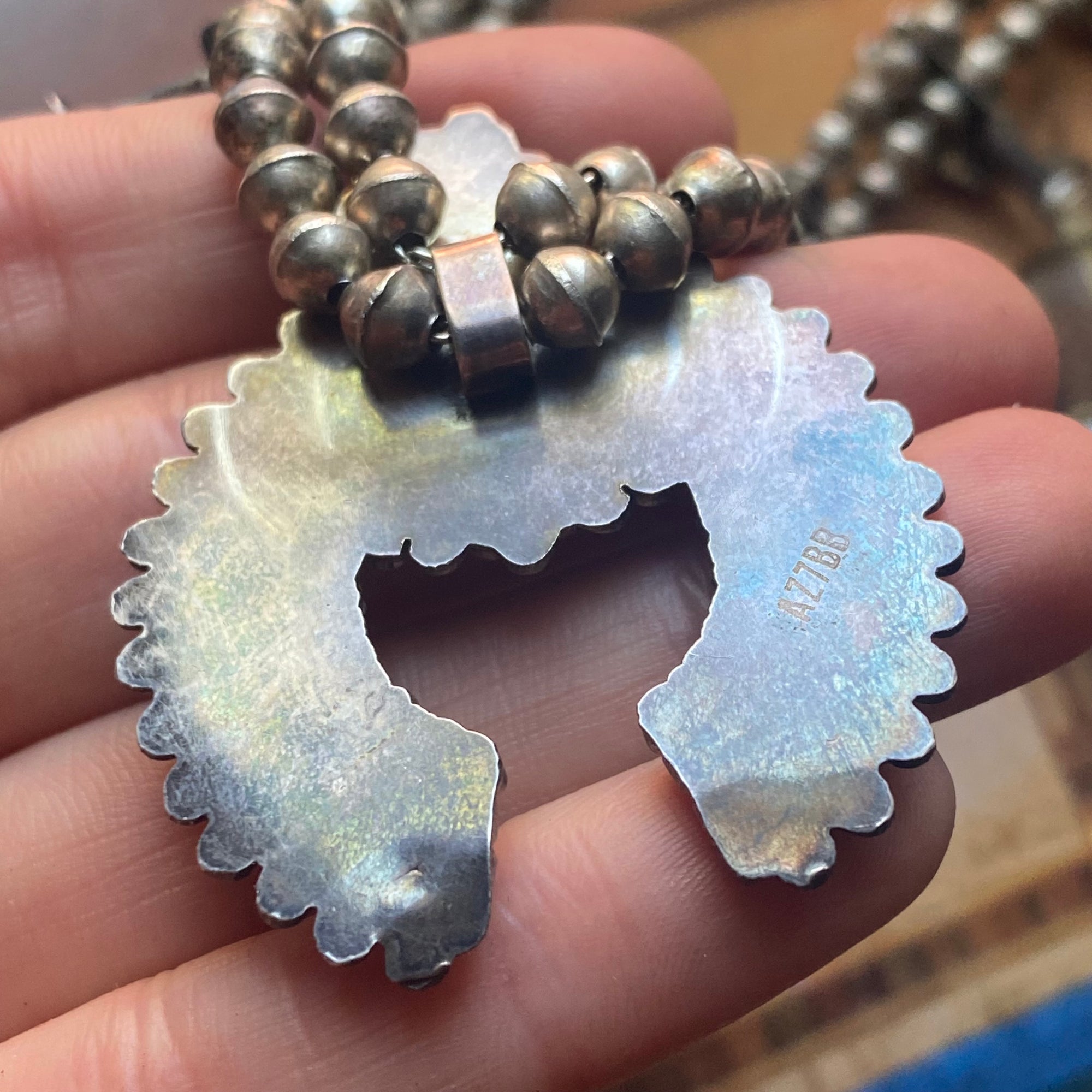 Vintage Petit Point Turquoise Zuni Squash Blossom Necklace - Silver