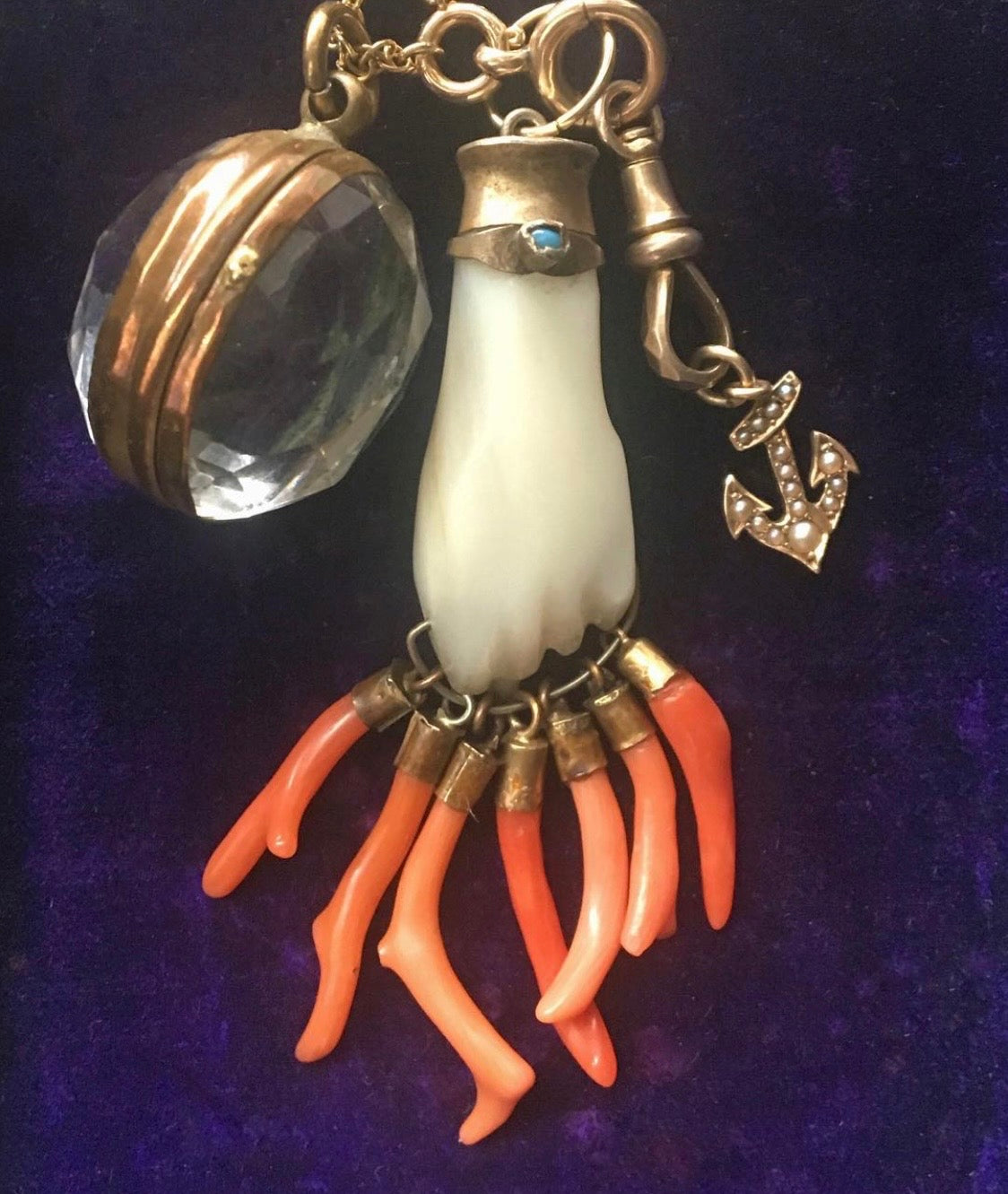 antique victorian mano figa pendant with coral