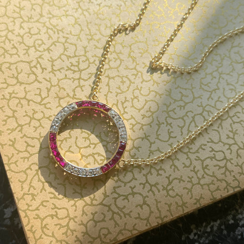 art deco diamond ruby circle - Toronto Canada handmade artisan fine antique vintage jewelry jewellery necklace