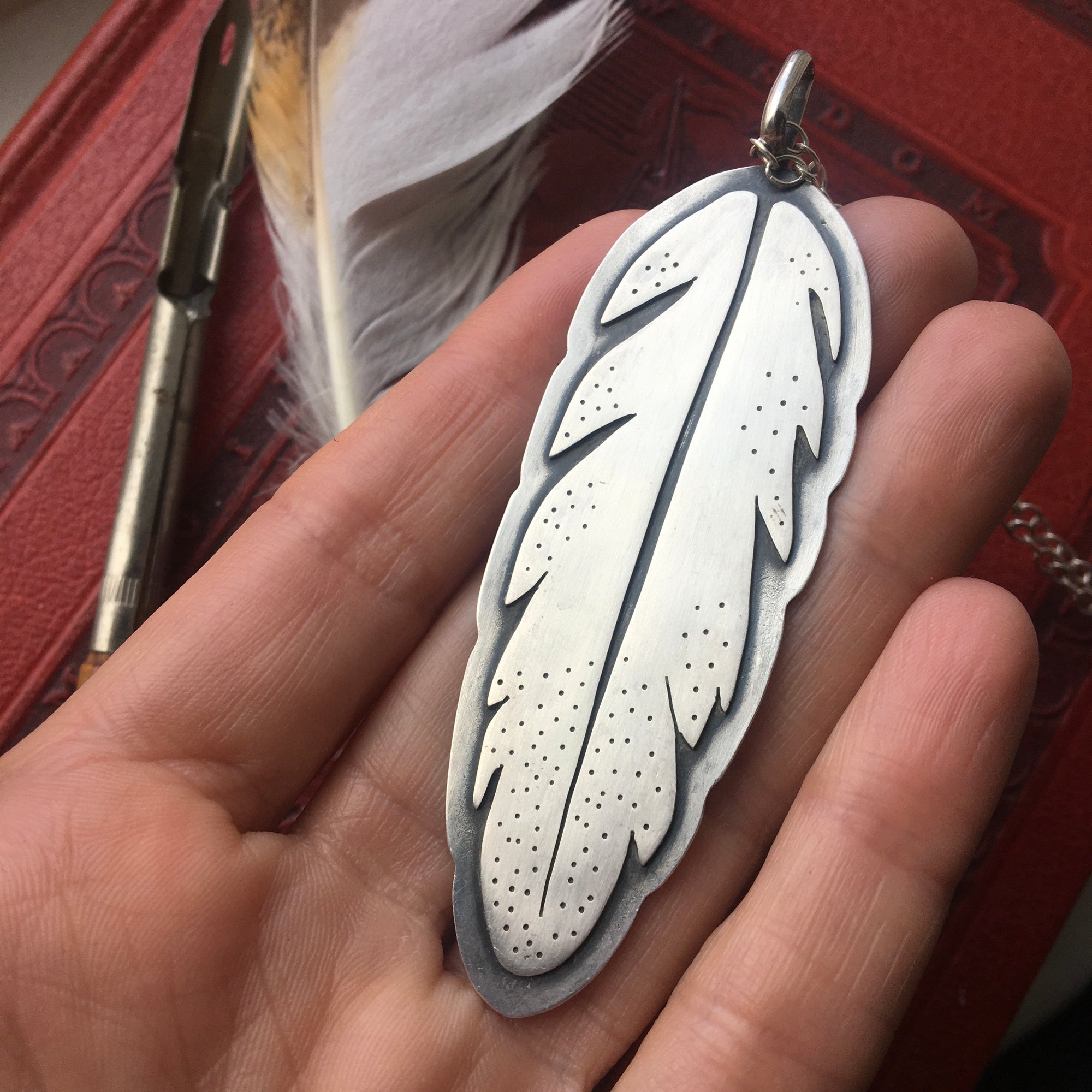 silver feather necklace
