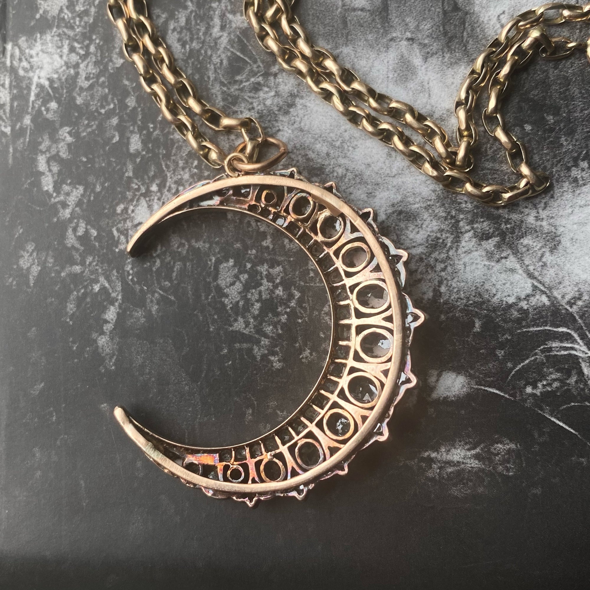 Antique Fleur-De-Lis Diamond Crescent Pendant - 14/15k