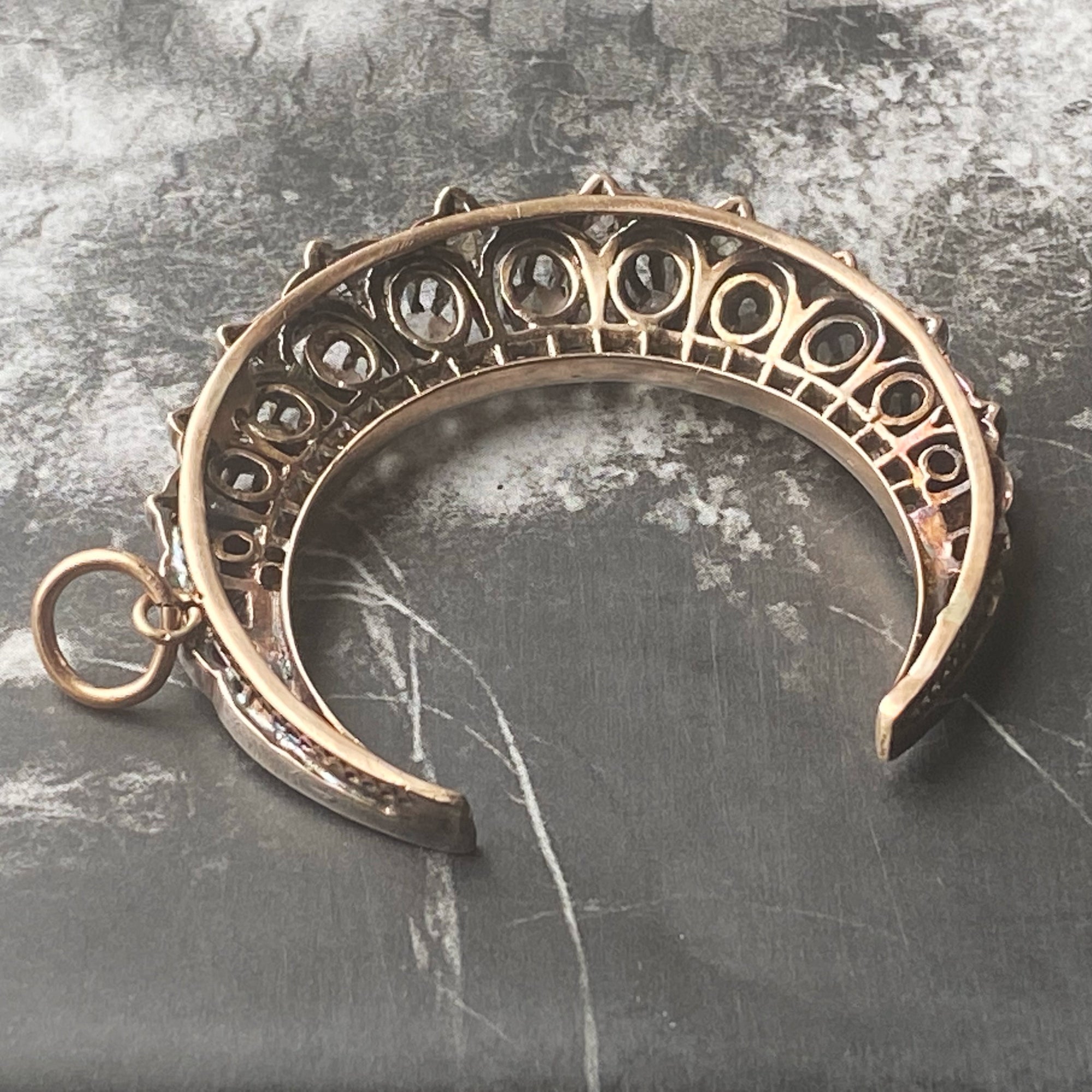 Antique Fleur-De-Lis Diamond Crescent Pendant - 14/15k