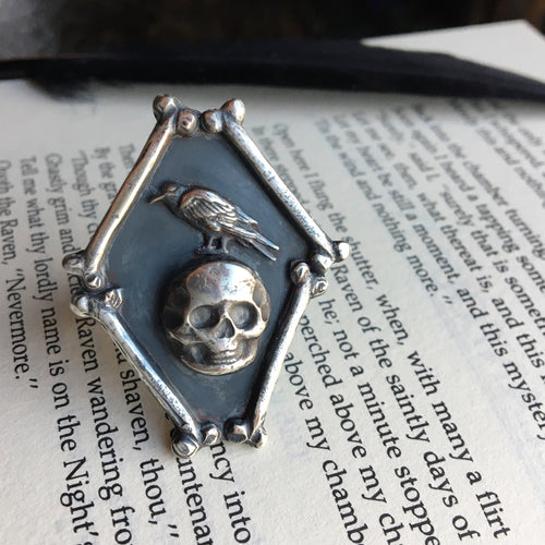Nevermore - Edgar Allan Poe Skull and Raven ring